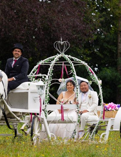 photographe de mariage à Orléans (45) : photo couple dans une calèche de mariage cendrillon